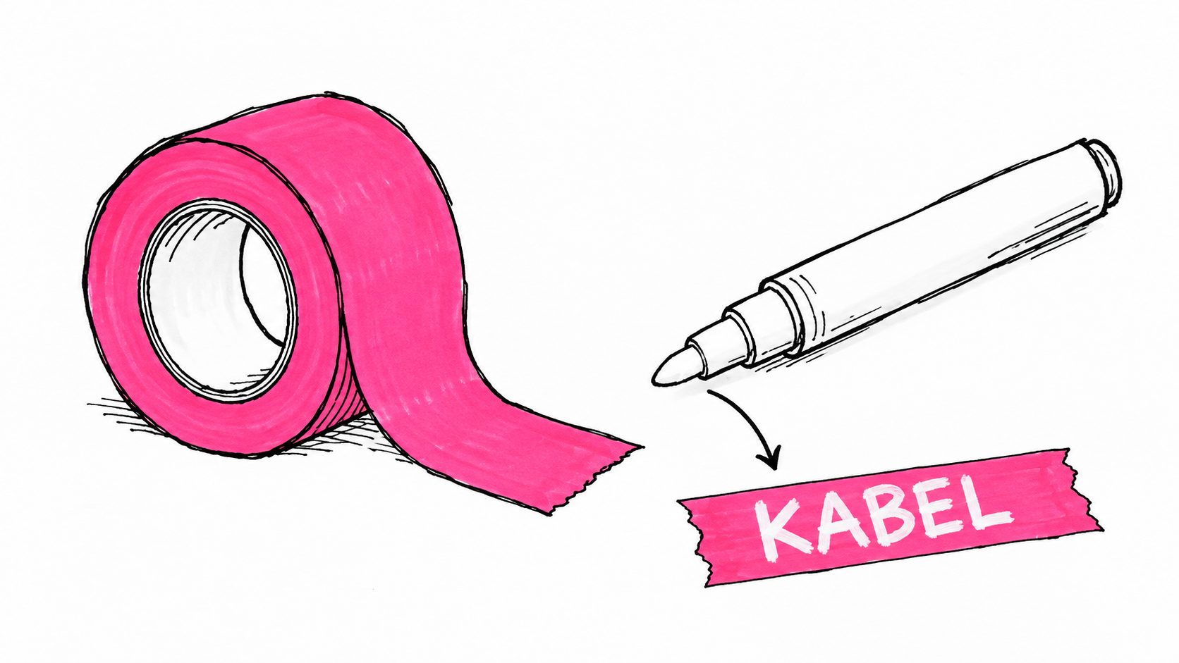 Zeichnung einer pinken Klebebandrolle, eines weißen Markers und eines Etiketts mit der Aufschrift Kabel.